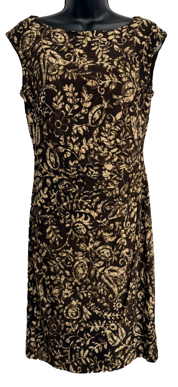 Lauren Ralph Lauren Sheath Dress Women's 8 Brown Beige Batik Floral Ruched Waist